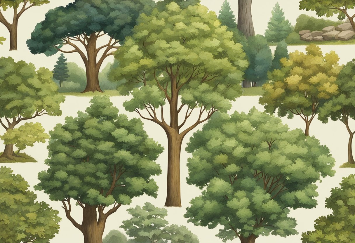 The scene shows a variety of trees found in New Jersey, including oak, maple, pine, and cherry. Each tree is depicted with its unique shape, foliage, and bark texture