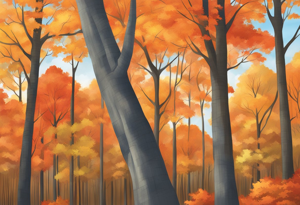 Maple trees stand tall in a Pennsylvania forest, their vibrant red and orange leaves creating a stunning autumn scene