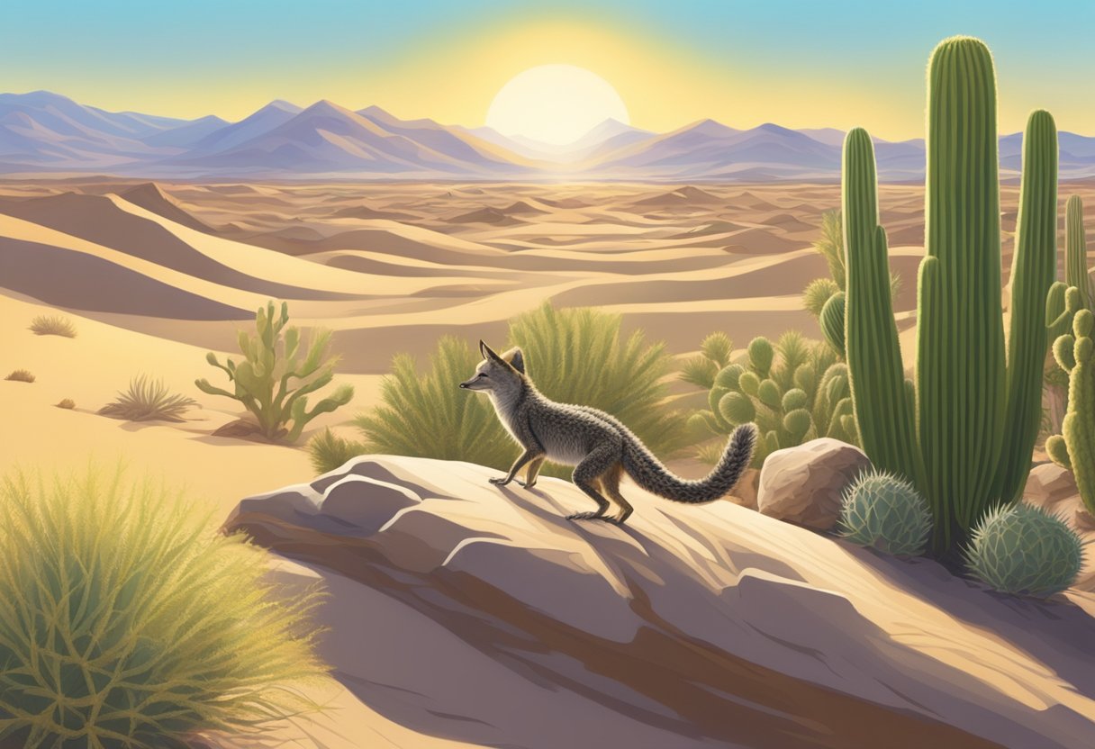 Sunlight filters through cacti and shrubs in a desert landscape. A lizard basks on a rock, while a coyote hunts for prey. Sand dunes stretch into the distance