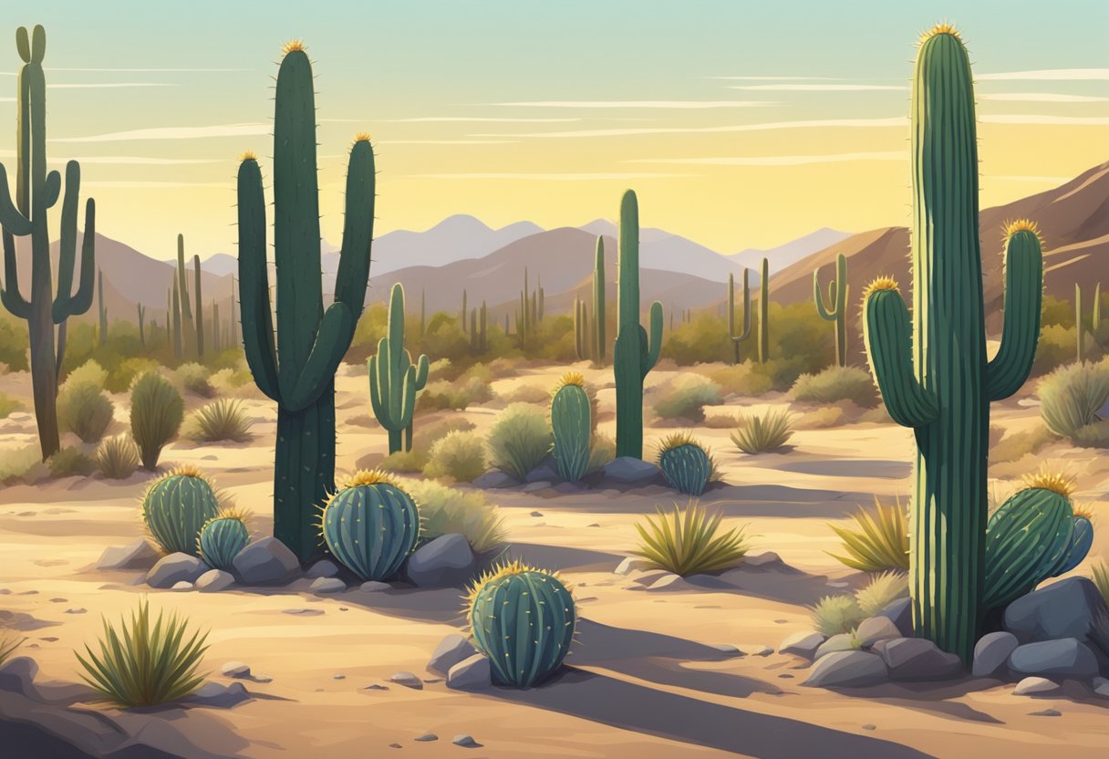 Sunlight filters through spiky arms of saguaro cacti. Prickly pear pads sprawl across sandy soil. Barrel cacti stand tall, ready to store precious water