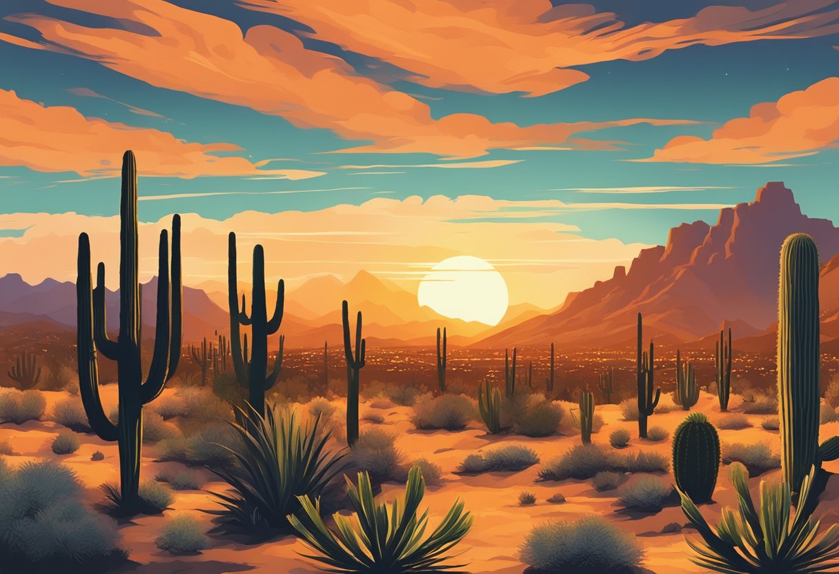 Sunset over Sonoran desert, cacti silhouetted against orange sky, rugged terrain, and distant mountains