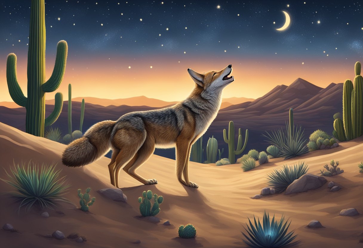A coyote howls under a starry night sky, while a rattlesnake slithers through the sand and a scorpion scuttles between cacti
