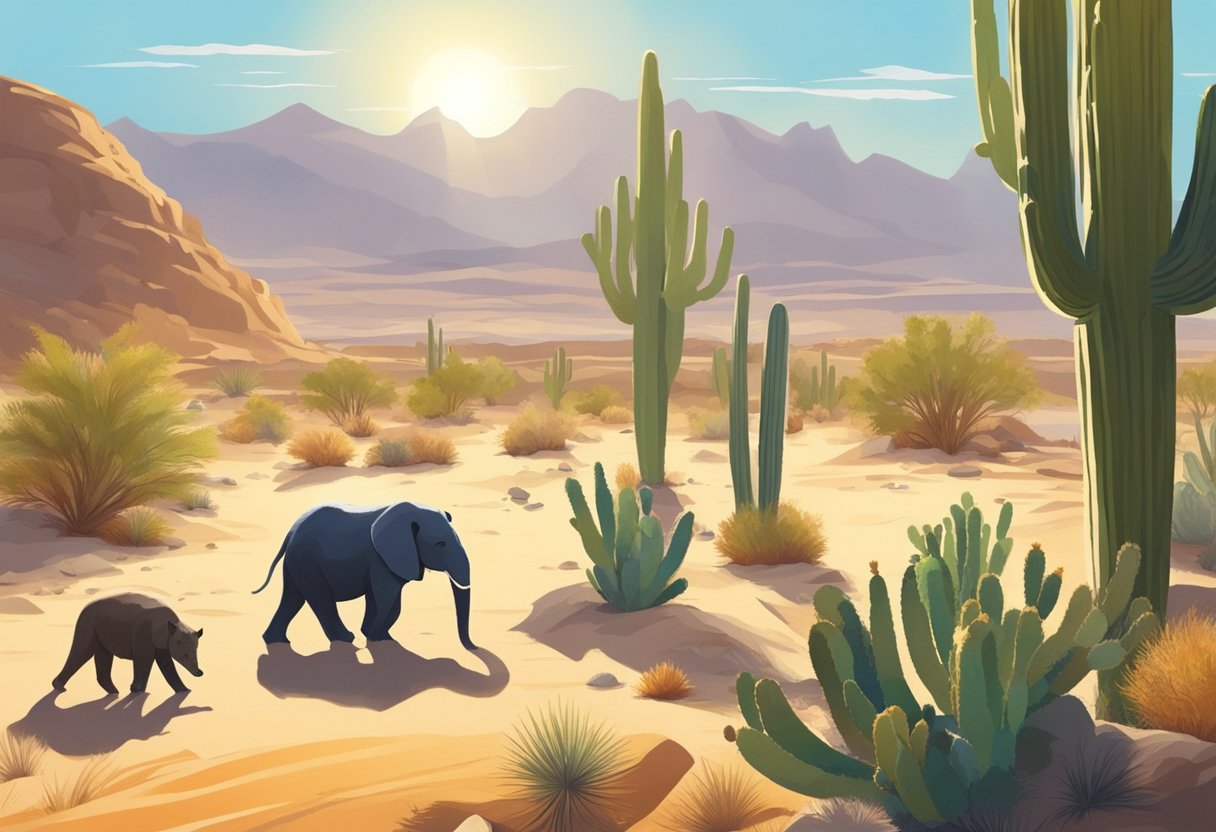 Animals roam the sandy desert, cacti and rocks dot the landscape. The sun beats down, casting long shadows as a group of animals searches for water