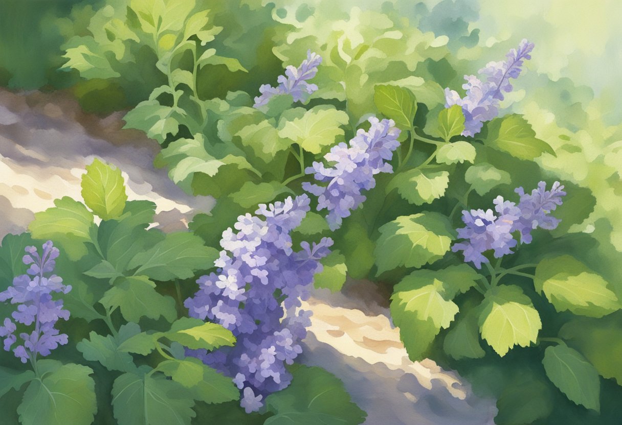 A catmint plant basks in the dappled sunlight filtering through the leaves of a tree, casting soft shadows on the ground below