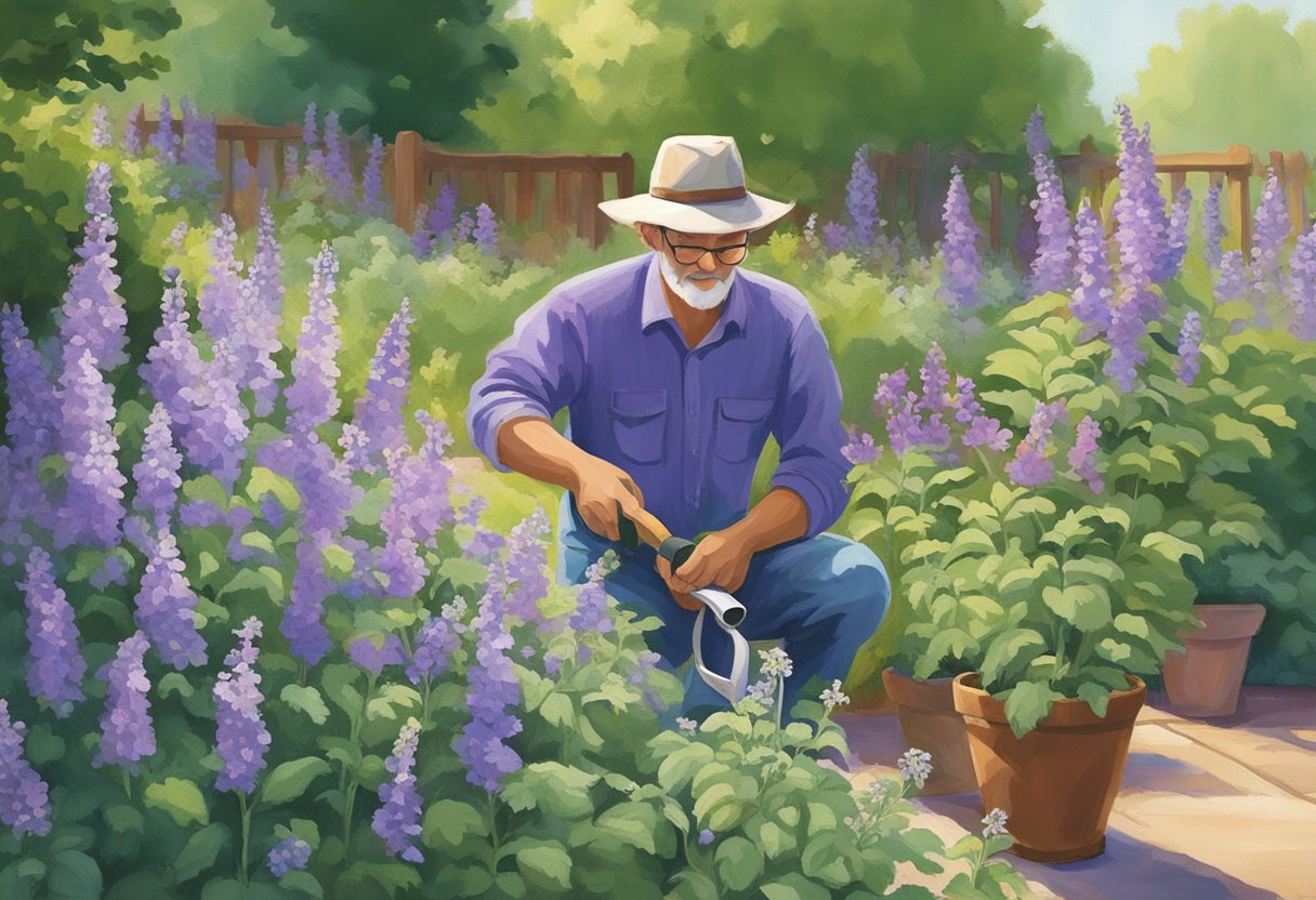 Catmint thrives in sunny or partially shaded areas. Show a gardener tending to the plant with a watering can and pruning shears. Vibrant green leaves and purple flowers should be prominent