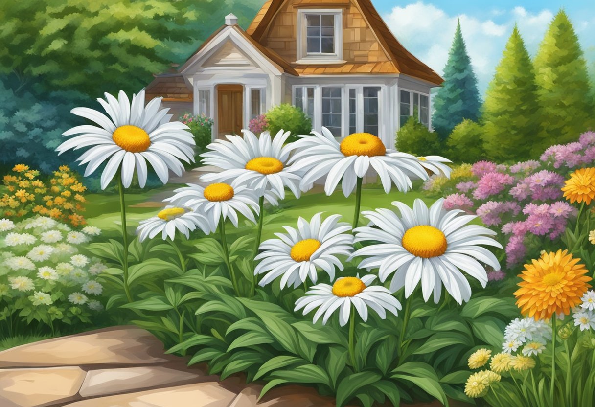 A shasta daisy blooms in a well-manicured garden, surrounded by carefully arranged shrubs and colorful flowers, creating a picturesque landscape design