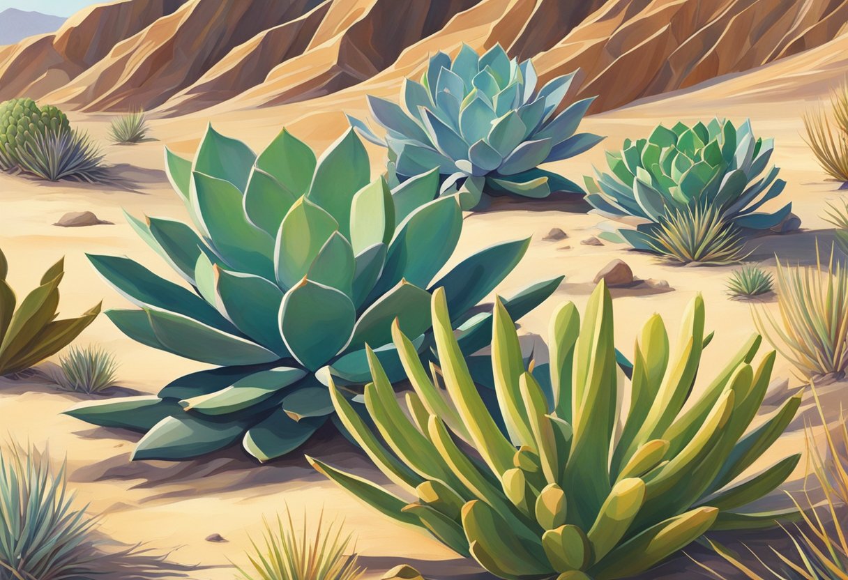 Vibrant succulents and cacti thrive in a desert landscape, basking in the intense sunlight and dry heat. Sand dunes and rocky terrain add to the arid beauty of the scene