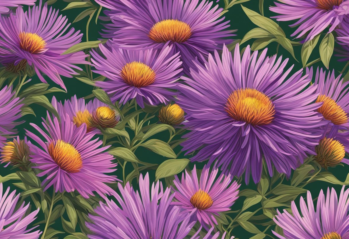 The New England aster blooms in a vibrant display of purple and pink, surrounded by green foliage. The sun shines down, casting a warm glow on the flowers as they sway gently in the breeze