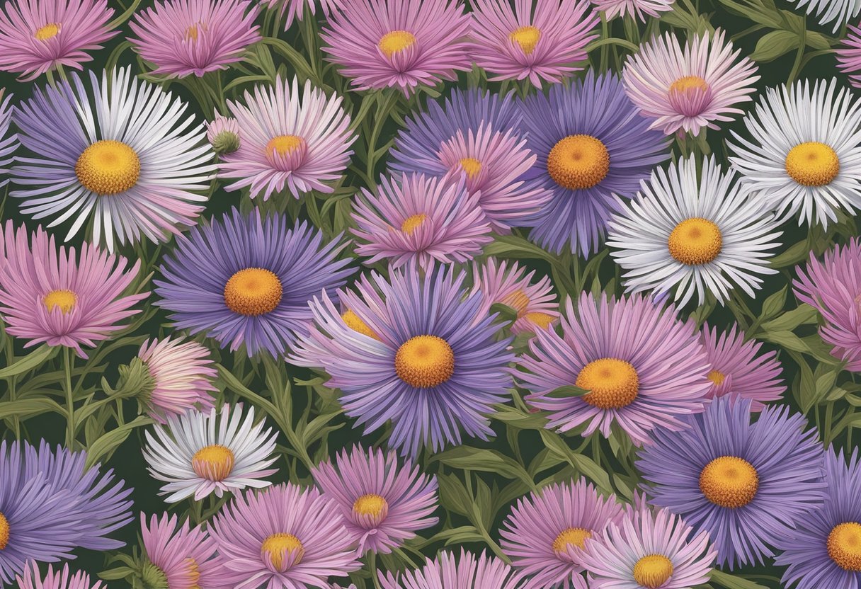 The New England aster blooms in a variety of colors, including purple, pink, and white. The flowers have a daisy-like appearance with a yellow center and long, slender petals. The plant grows in clusters and can reach up to 6 feet