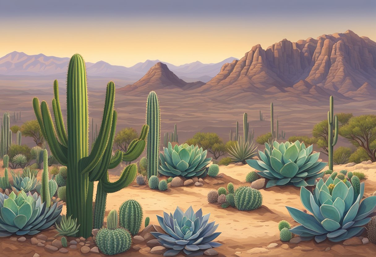 Succulents and cacti dot the dry, sandy landscape of the Arizona desert, with rugged mountains in the background