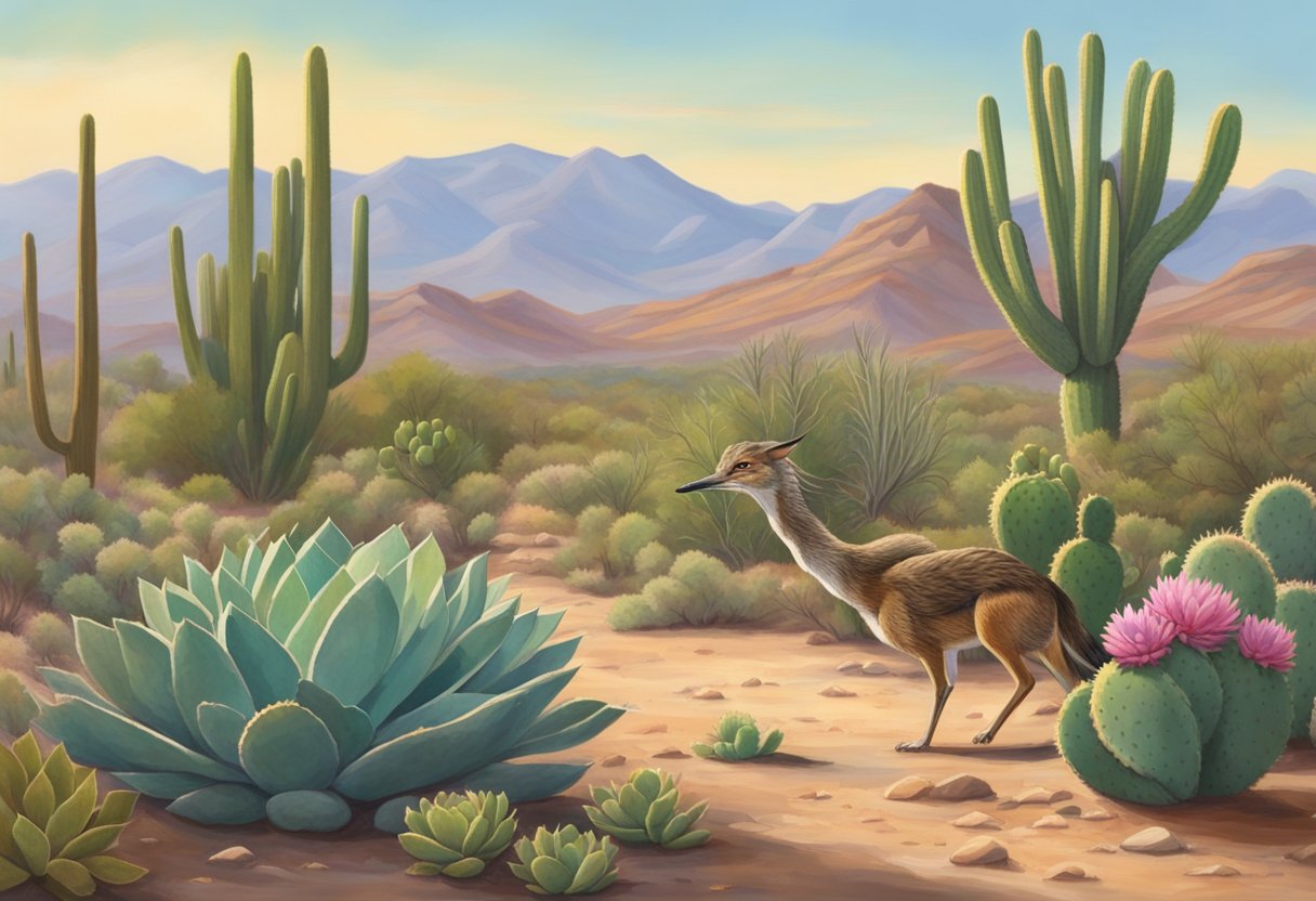 Cacti and succulents thrive in the dry Arizona desert. A coyote prowls in the distance as a roadrunner darts among the prickly pear and mesquite