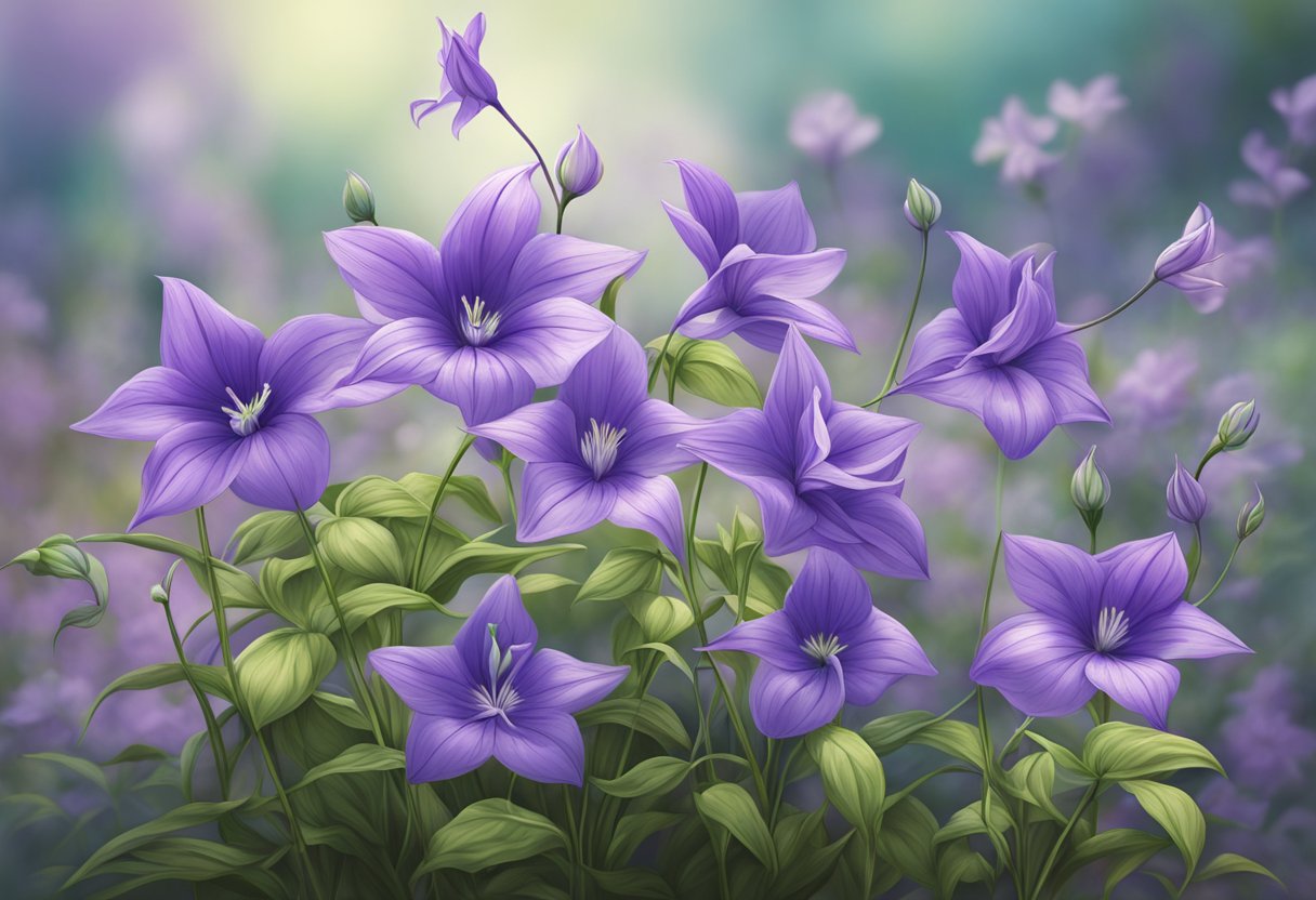 A vibrant balloon flower plant stands tall in a garden, with its delicate purple blooms and long, slender stems swaying gently in the breeze
