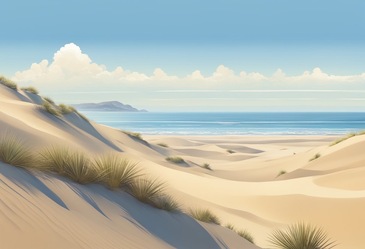 A coastal desert with rolling sand dunes, sparse vegetation, and a distant ocean meeting the horizon under a clear blue sky