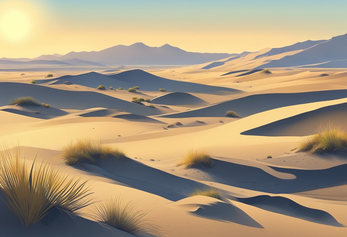 Sandy dunes stretch to the horizon, dotted with sparse, hardy vegetation. The sun beats down on the rugged, rocky terrain, casting long, deep shadows