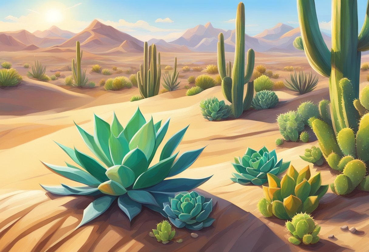 Vibrant succulents and cacti thrive in arid desert landscape under scorching sun. Sand dunes and rocky terrain add to the harsh environment