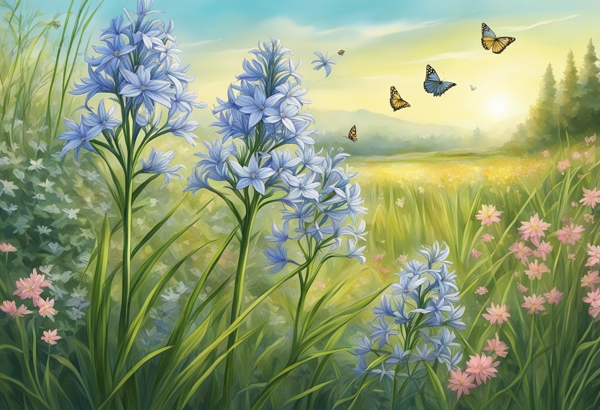 Amsonia flowers bloom in a field, surrounded by tall grass and butterflies fluttering around them