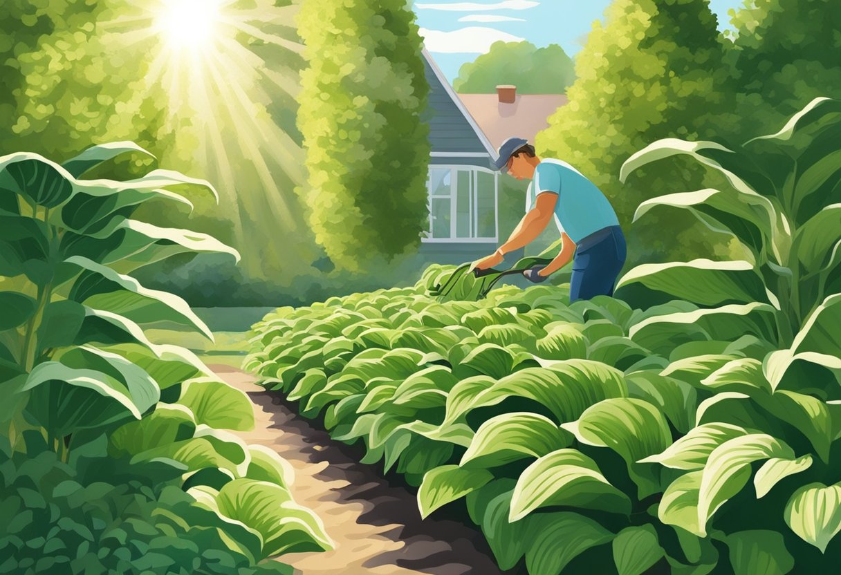 A gardener carefully tends to hosta plants, removing weeds that resemble hostas. The sun shines down, casting dappled shadows on the lush green foliage