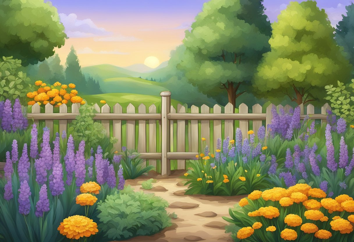Lush garden with various plants like lavender and marigold, surrounded by a fence to keep out deer and rabbits