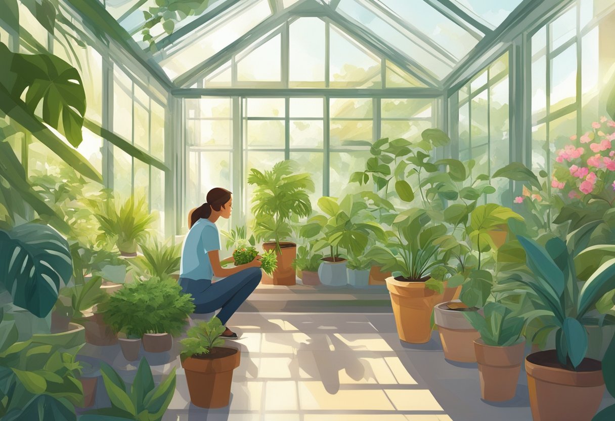 A person carefully chooses potted plants, surrounded by lush greenery and sunlight streaming through the glass conservatory roof