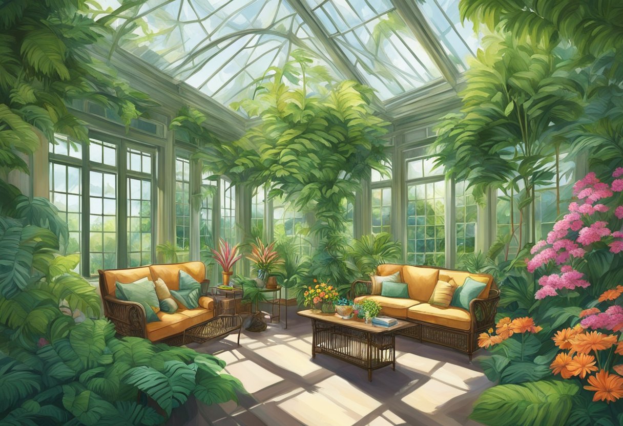 Lush green plants fill the conservatory, with vibrant flowers and towering ferns creating a serene and vibrant atmosphere. Sunlight filters through the glass roof, casting dappled shadows on the foliage below