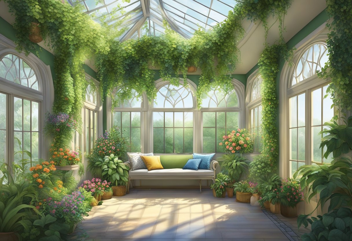 Lush green plants fill the sunlit conservatory, with hanging vines and colorful flowers adding vibrancy to the space. The air is filled with the fresh scent of nature, creating a serene and inviting atmosphere