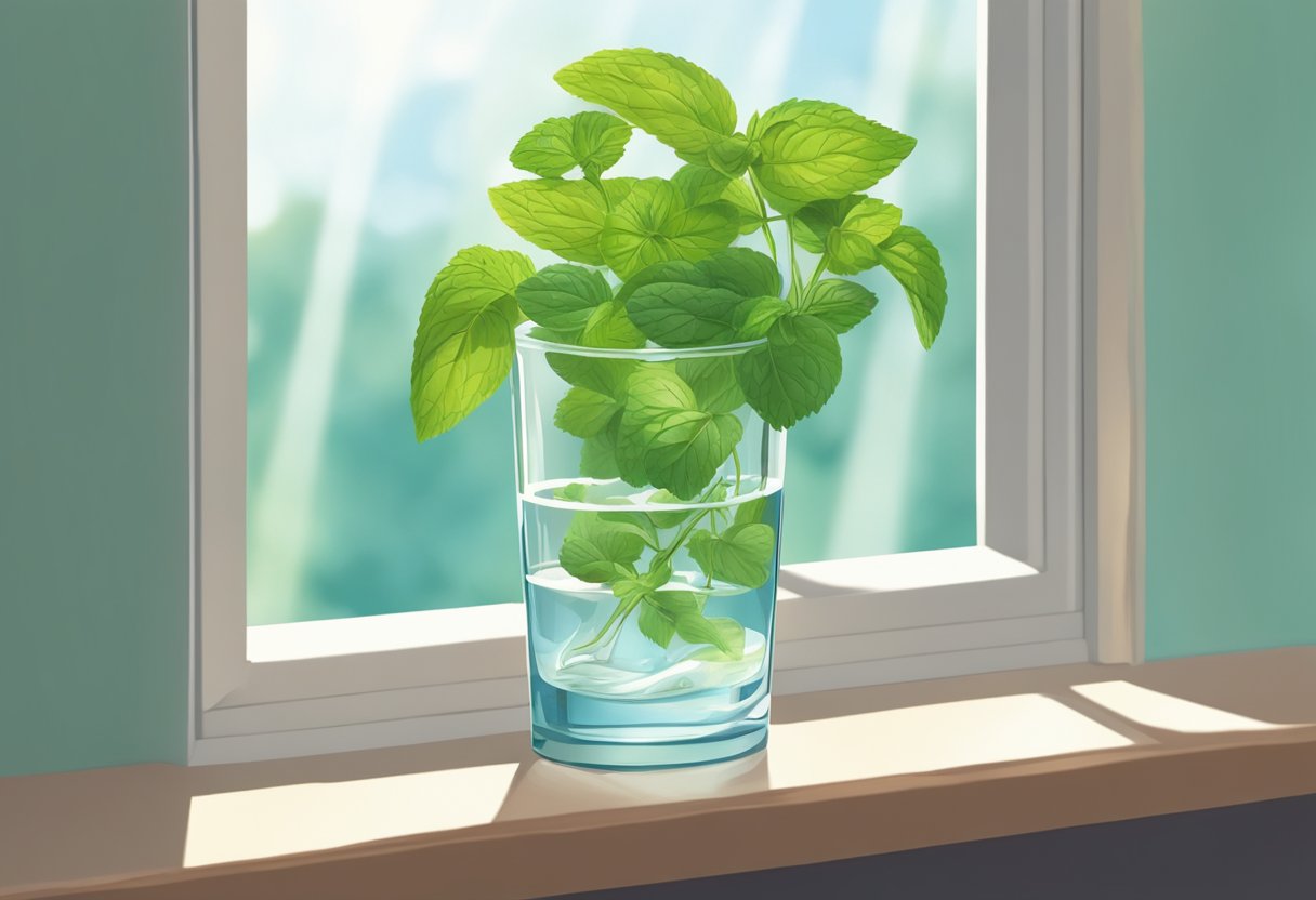 A glass of water with mint cuttings, placed on a sunny windowsill. Roots beginning to form at the base of the cuttings