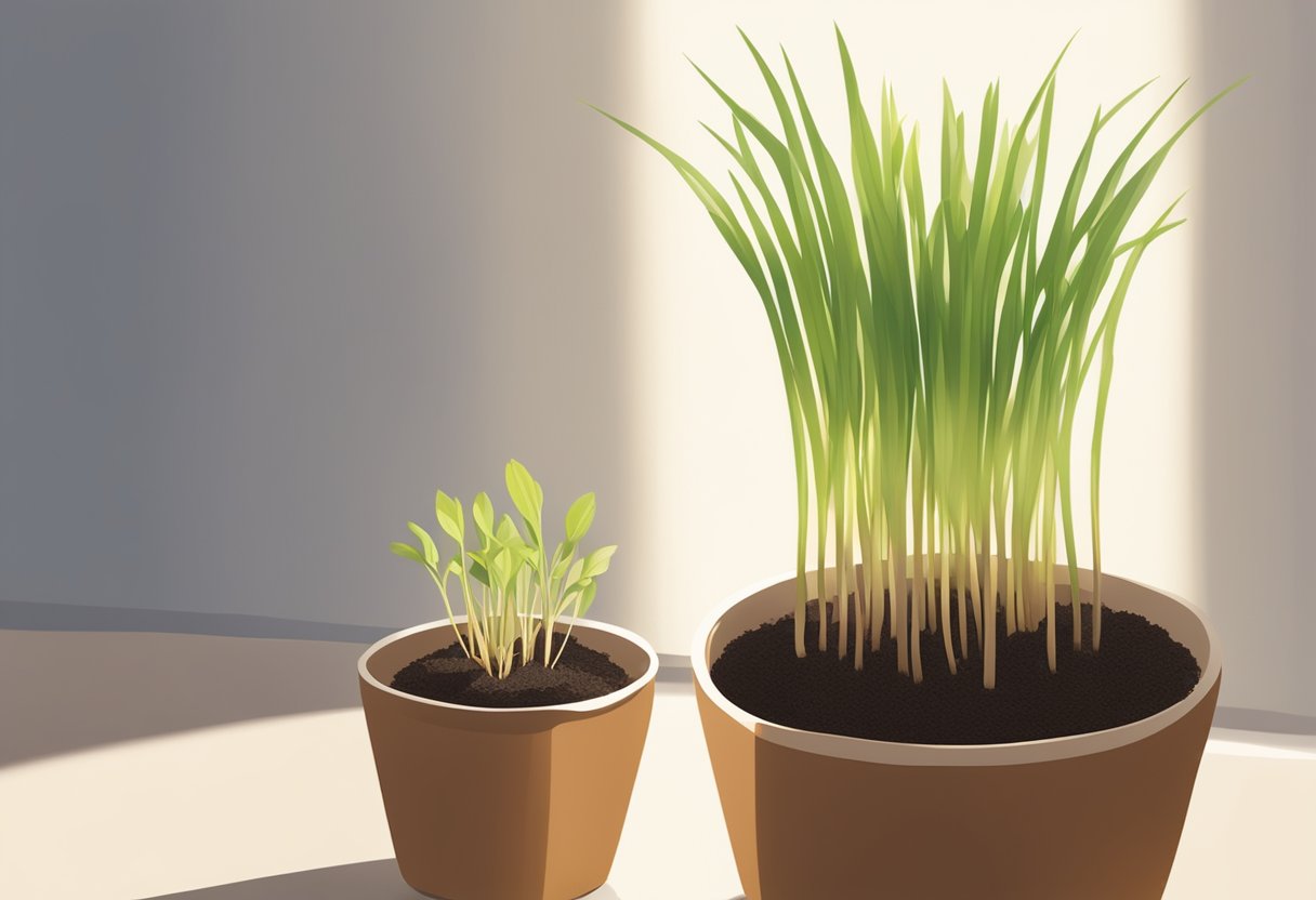 Lemongrass sprouting in a small pot, with soil and roots visible. Sunlight streaming onto the plant, casting shadows