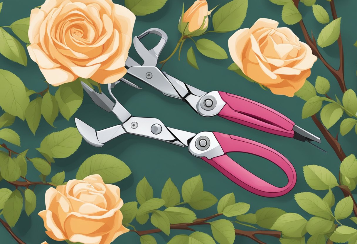 A pair of pruning shears cutting back overgrown rose bush branches