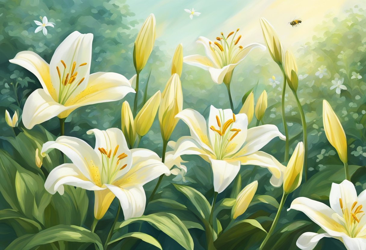 Bright lilies bloom in a lush garden, their petals reaching towards the sun. Bees buzz around, collecting nectar from the delicate, white flowers