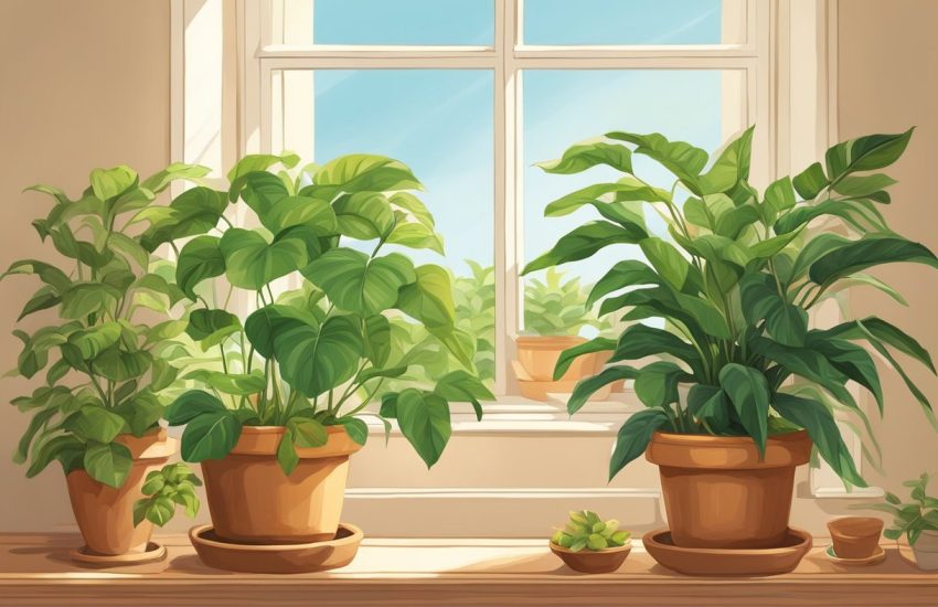 Lush green ginger plants fill terracotta pots, bathed in warm sunlight on a windowsill. The rich soil and vibrant leaves create a cozy, natural atmosphere