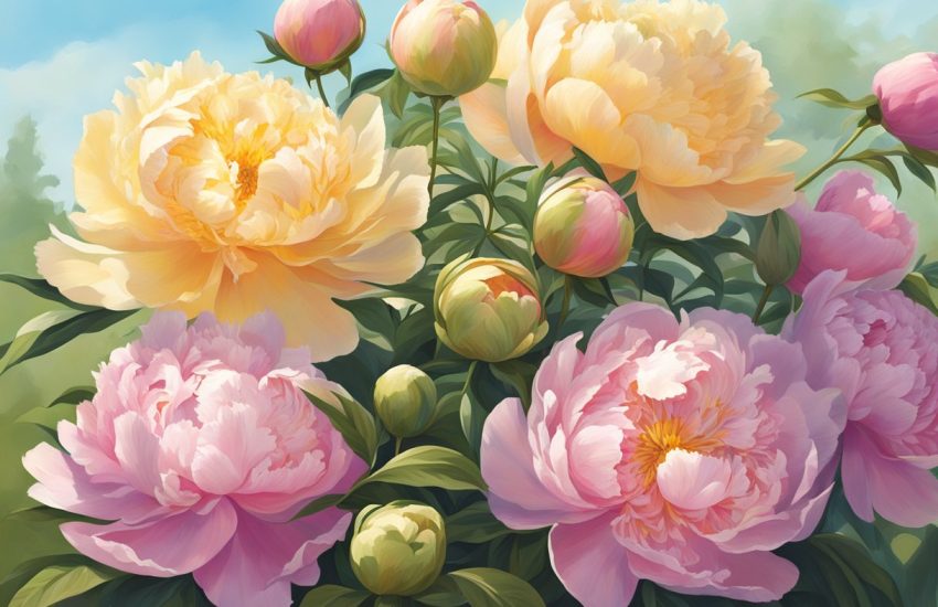 Lush peonies bask in bright sunlight, their vibrant petals soaking up the warm rays