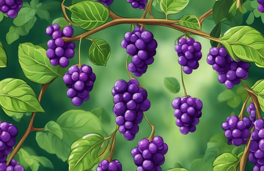 A lush green plant with clusters of vibrant purple berries hanging from its branches