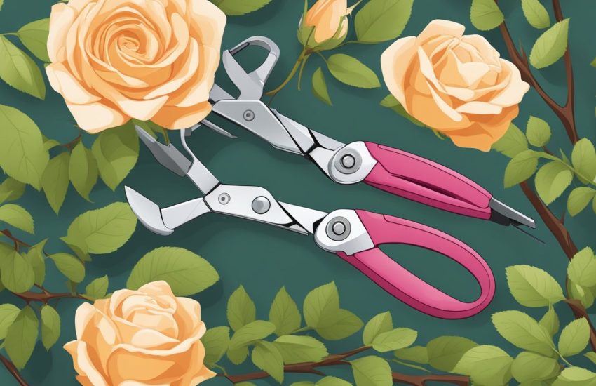 A pair of pruning shears cutting back overgrown rose bush branches