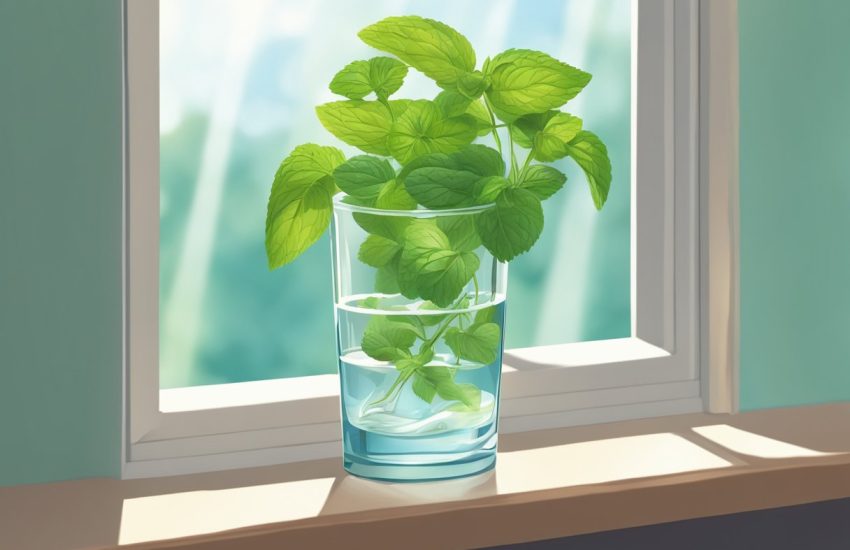 A glass of water with mint cuttings, placed on a sunny windowsill. Roots beginning to form at the base of the cuttings