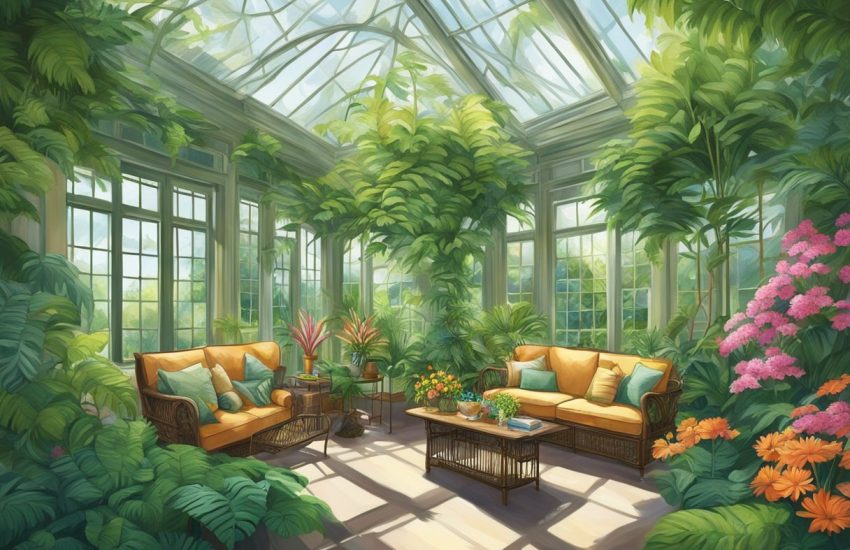 Lush green plants fill the conservatory, with vibrant flowers and towering ferns creating a serene and vibrant atmosphere. Sunlight filters through the glass roof, casting dappled shadows on the foliage below