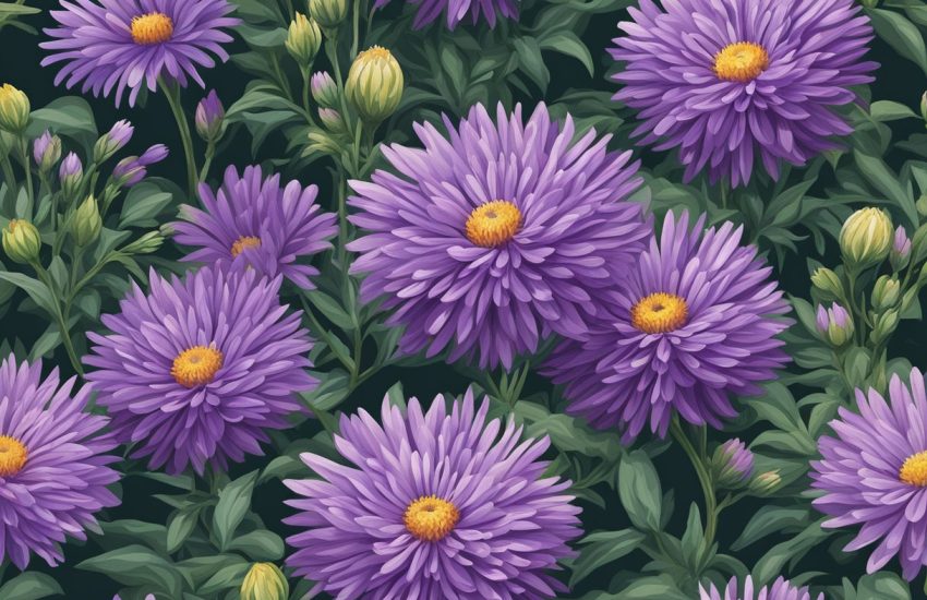 A vibrant purple aster blooms in a garden, surrounded by lush green foliage and delicate buds