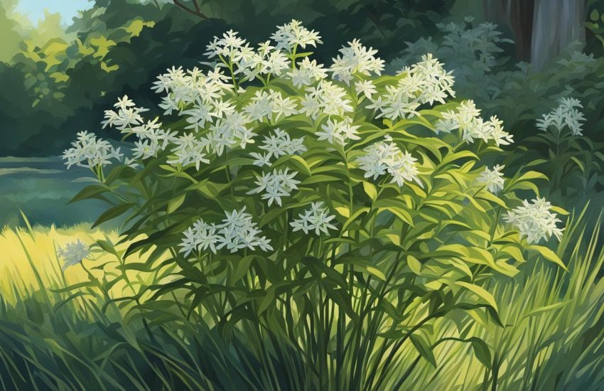 A bright amsonia plant thrives in dappled sunlight, casting delicate shadows on the ground