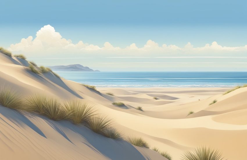 A coastal desert with rolling sand dunes, sparse vegetation, and a distant ocean meeting the horizon under a clear blue sky