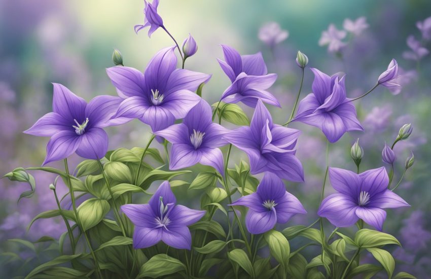 A vibrant balloon flower plant stands tall in a garden, with its delicate purple blooms and long, slender stems swaying gently in the breeze