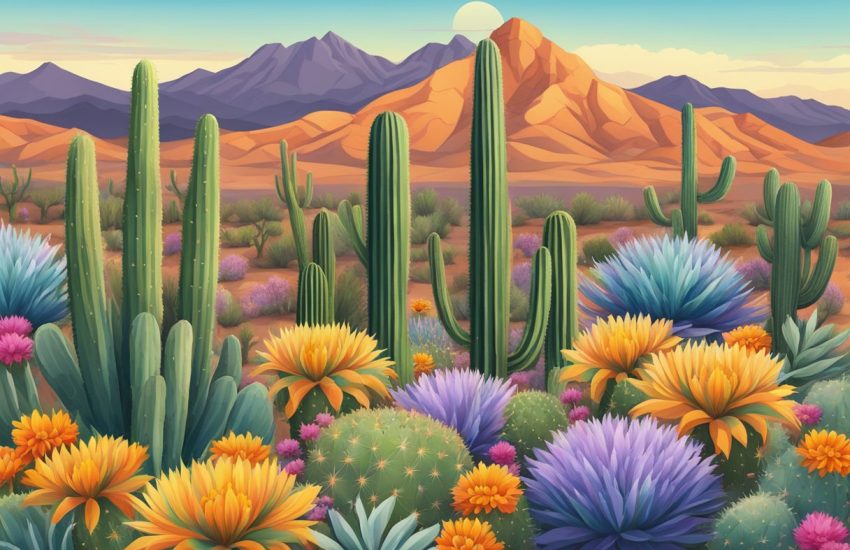 Vibrant wildflowers blanket the Arizona desert, with cacti and mountains in the background