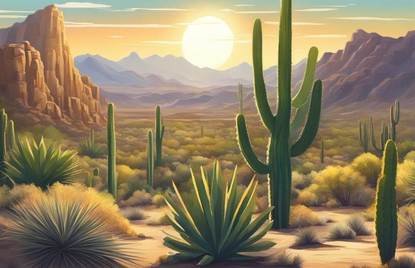 Sun-drenched Sonoran desert with towering cacti and rugged terrain