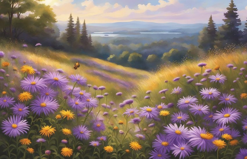 New England asters bloom in a wild meadow, their vibrant purple petals reaching towards the sun. Bees buzz around the flowers, collecting nectar as the gentle breeze sways the tall grasses