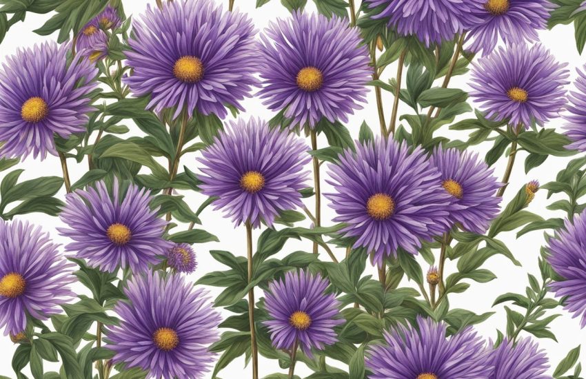 New England aster grows tall, reaching up to 6 feet in height with clusters of vibrant purple flowers