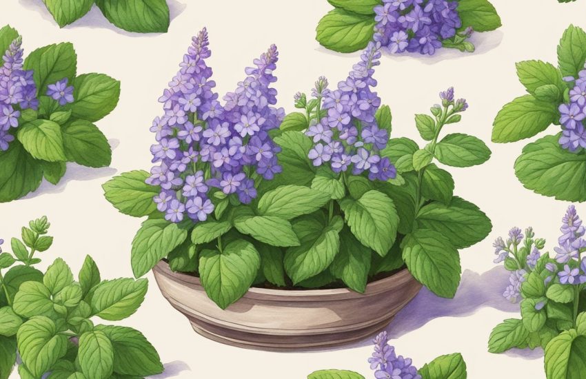 A small catmint plant grows in a sunlit garden, surrounded by vibrant green leaves and delicate purple flowers