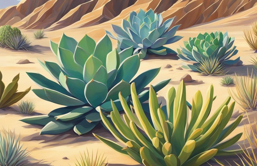 Vibrant succulents and cacti thrive in a desert landscape, basking in the intense sunlight and dry heat. Sand dunes and rocky terrain add to the arid beauty of the scene