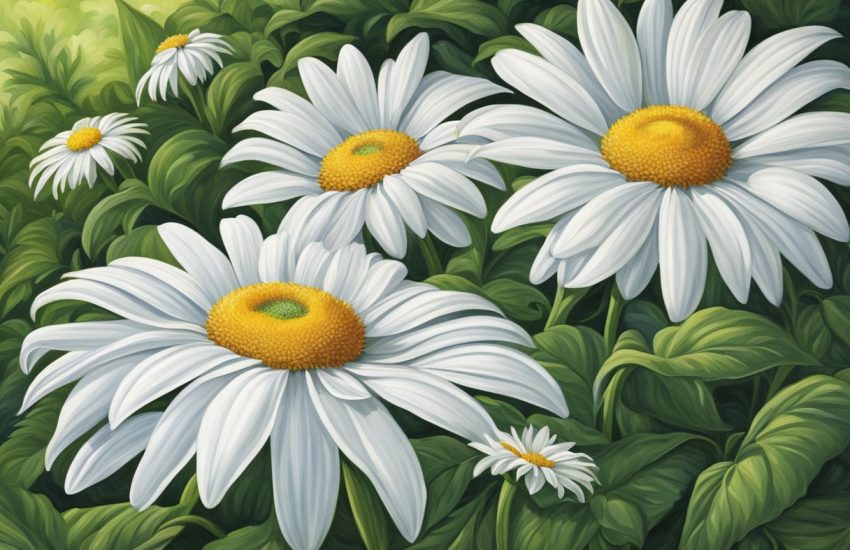 Bright white petals surround a golden center, nestled among vibrant green leaves of shasta daisy