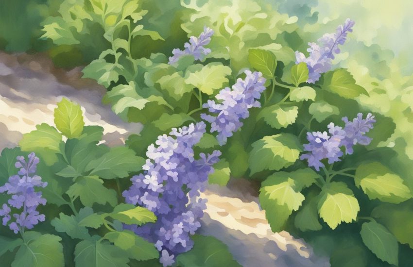 A catmint plant basks in the dappled sunlight filtering through the leaves of a tree, casting soft shadows on the ground below