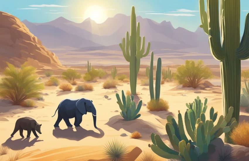 Animals roam the sandy desert, cacti and rocks dot the landscape. The sun beats down, casting long shadows as a group of animals searches for water