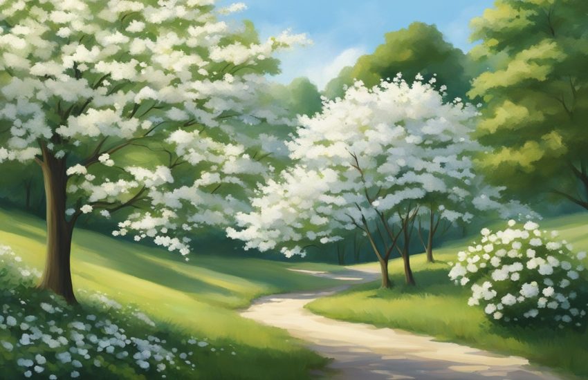White flowering trees bloom in a peaceful Pennsylvania landscape. The delicate blossoms create a stunning contrast against the lush greenery