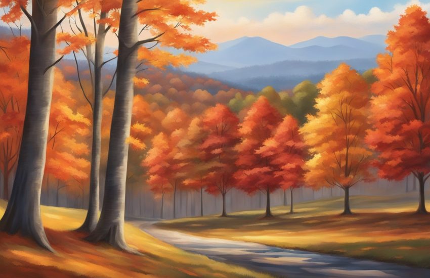 Maple trees in Tennessee stand tall, their vibrant red and orange leaves shimmering in the sunlight, creating a picturesque autumn scene